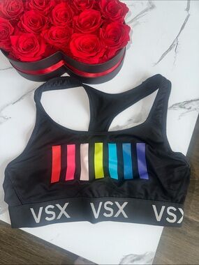 VSX Black Racerback Sports Bra with Rainbow Stripe Accents